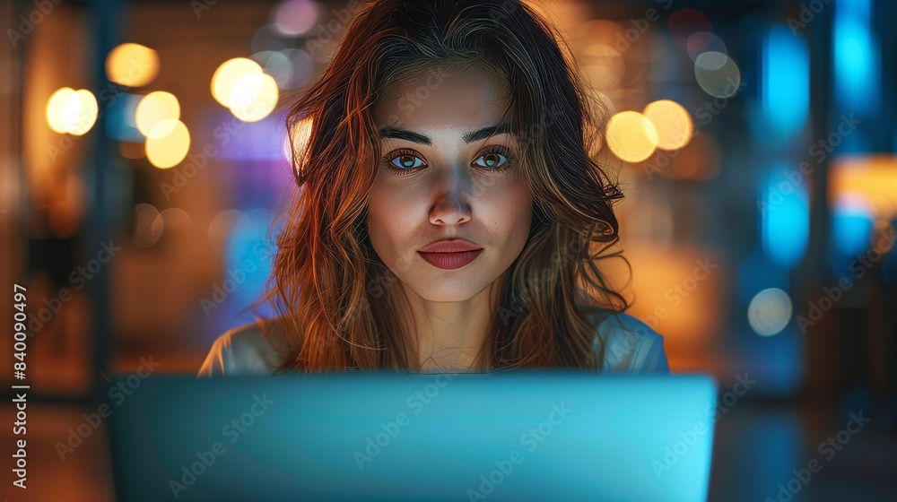 Fototapeta premium Female businesswoman with laptop in studio. Generative Artificial Intelligence