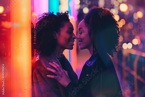 LGBTQ couple talking intimately in a vibrant city street close up, focus on joy and togetherness vibrant Blend mode city backdrop photo