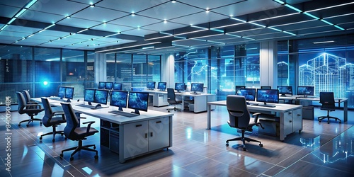A futuristic office with technology for automating SOX compliance in IT security , automation, artificial intelligence, technology, cybersecurity, audit, compliance, SOX photo