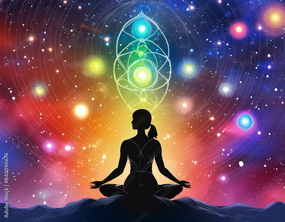 States of mind, chakras, meditation or 4th dimension illustration. Colorful space background with copy space and black human silhouette. Surreal mood. States of mind, chakras, meditation or 4th dimension illustration. Colorful space background with copy space and black human silhouette. Surreal mood.