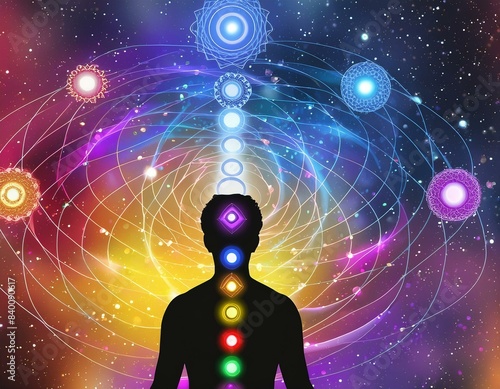 States of mind, chakras, meditation or 4th dimension illustration. Colorful space background with copy space and black human silhouette. Surreal mood.