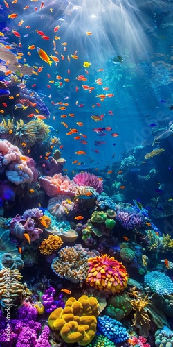 16 Coral habitat, colorful marine creatures, sun rays filtering, high resolution, wide-angle