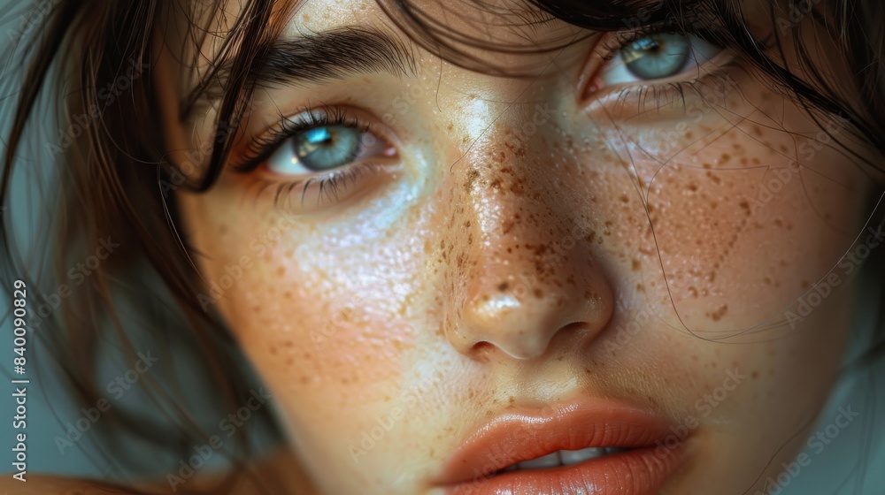 This is a concept for beauty and skincare. The face of a young woman without makeup. Generative artificial intelligence This is a concept for beauty and skincare. The face of a young woman without makeup. Generative artificial intelligence