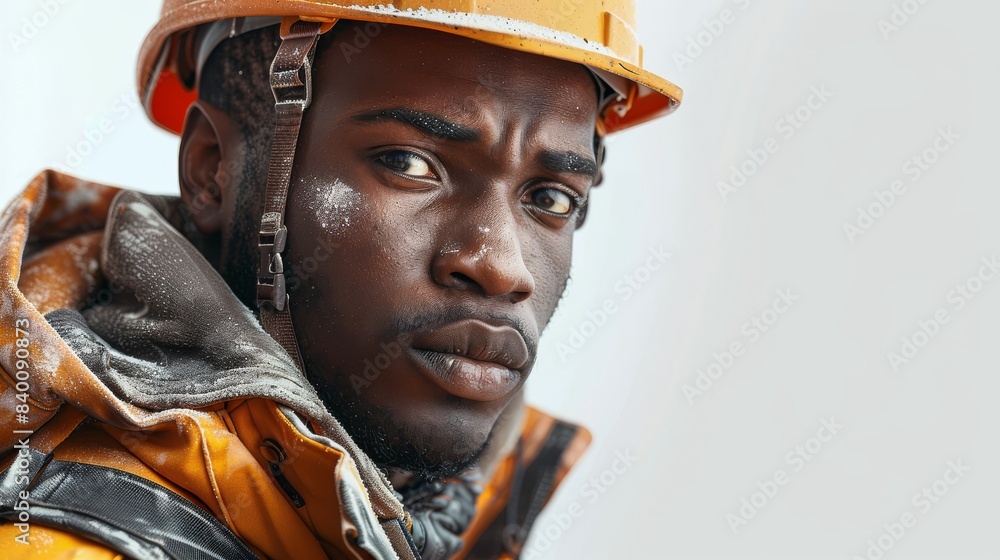 Worker looking at camera. Isolated on white background. Generative AI Worker looking at camera. Isolated on white background. Generative AI