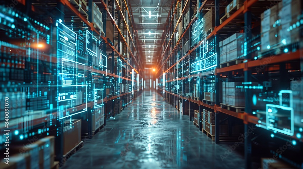 Warehouse management system using augmented reality technology to identify package picking and delivery. Future concept for supply chain and logistics. Warehouse management system using augmented reality technology to identify package picking and delivery. Future concept for supply chain and logistics.