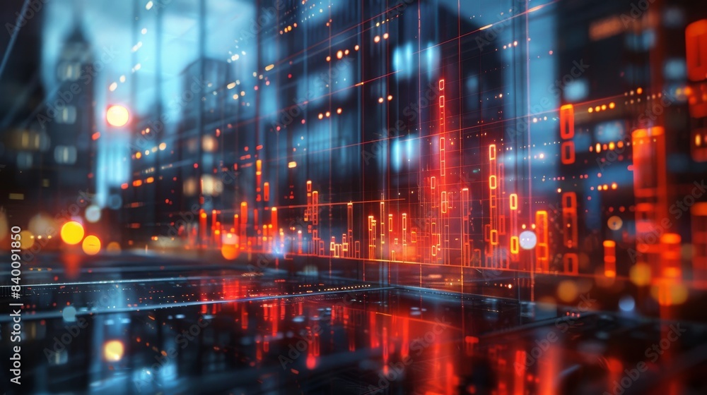Fototapeta premium Two-sided exposure of virtual financial diagram on contemporary business center exterior background, banking and accounting concept
