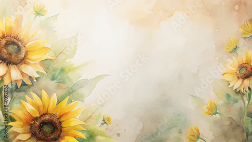 Minimalist background with a bouquet of watercolor sunflowers