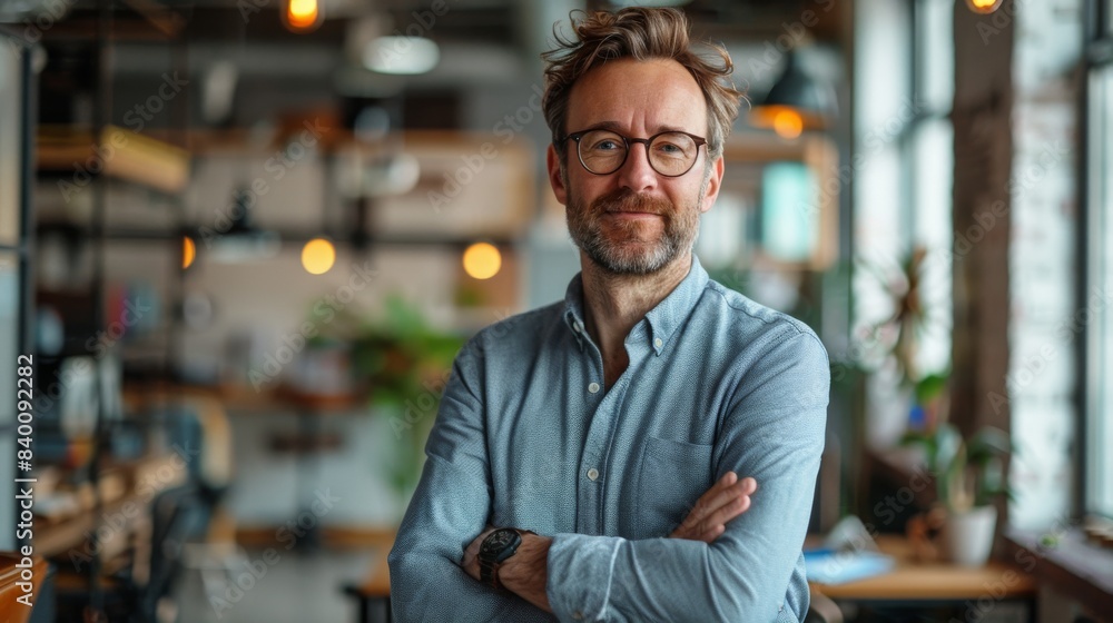 In front of a contemporary startup office, a businessman radiates positivity and professionalism. In front of a contemporary startup office, a businessman radiates positivity and professionalism.