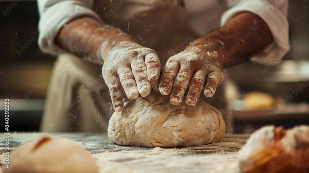 The baker's hands carefully shape the dough, preparing it for baking, creating perfect consistency and structure. The baker's hands carefully shape the dough, preparing it for baking, creating perfect consistency and structure.