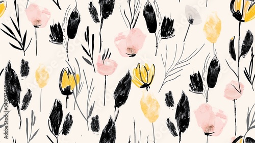 Charming hand-drawn flora in soft pastel black, yellow, and pink, seamless pattern photo