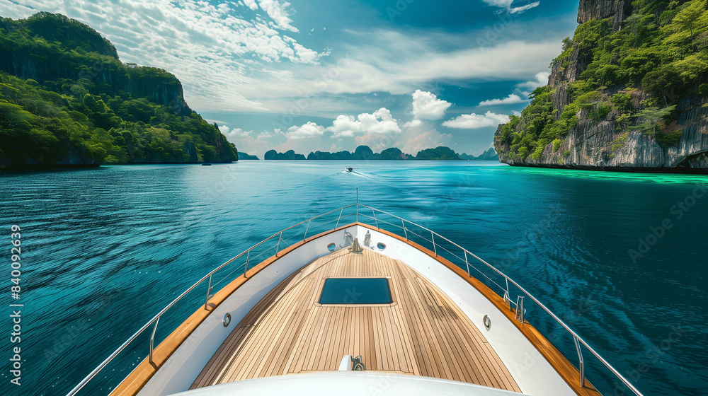 Fototapeta premium Luxury yacht nose with wooden deck in paradise exotic island bay