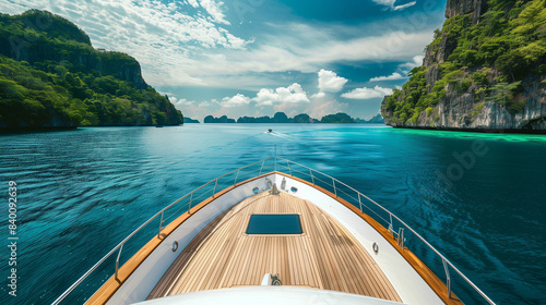 Luxury yacht nose with wooden deck in paradise exotic island bay