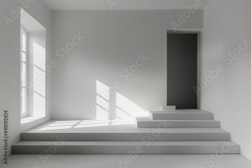 An empty room has stairs going up to a door and a window