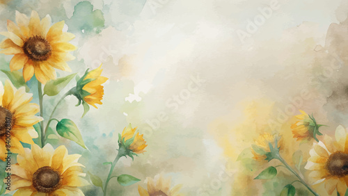 Minimalist background with a bouquet of watercolor sunflowers