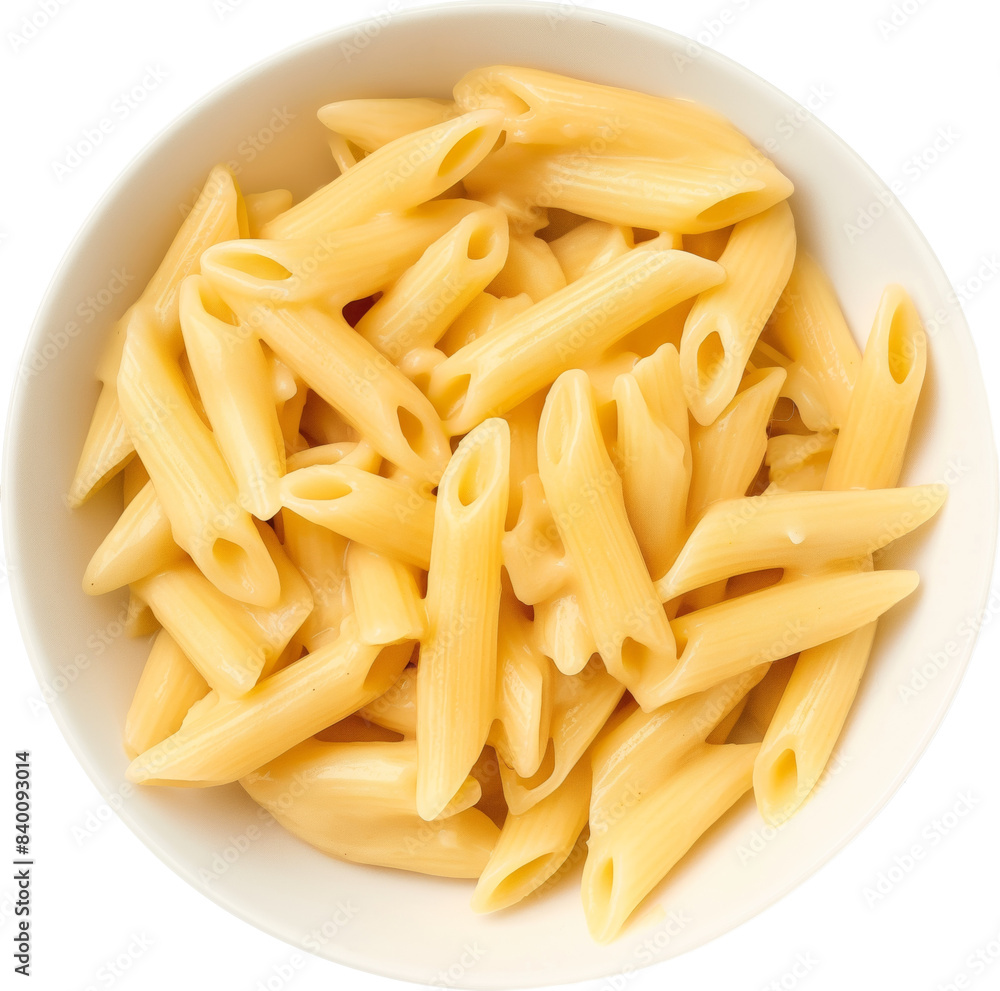 Close up overhead view of a bowl of cooked penne pasta isolated on transparent background. Close up overhead view of a bowl of cooked penne pasta isolated on transparent background.