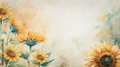 Minimalist background with a bouquet of watercolor sunflowers