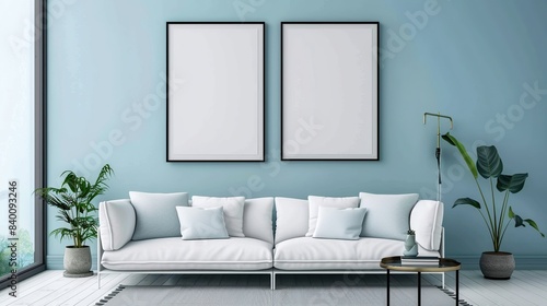 White chair sits in front of a white empty framed photo. The space is light and airy, with large windows letting in lots of natural light