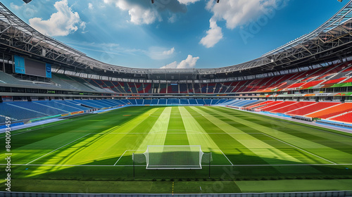 A modern football stadium with a green pitch  delighting with its futuristic architecture and advanced technology.