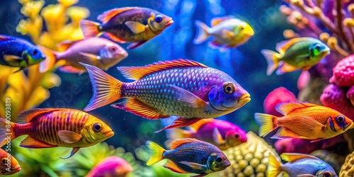 Vibrant multicolored exotic fish swimming in an aquarium, aquarium, underwater, colorful, tropical, marine life, vibrant, beauty, exotic, fins, scales, aquatic, fauna, pet, swimming