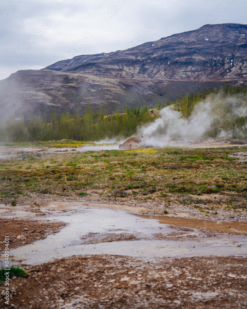 The Geysir Hot Springs in Haukadalsvegur, Iceland During a Summer Day. The Geysir Hot Springs in Haukadalsvegur, Iceland During a Summer Day.