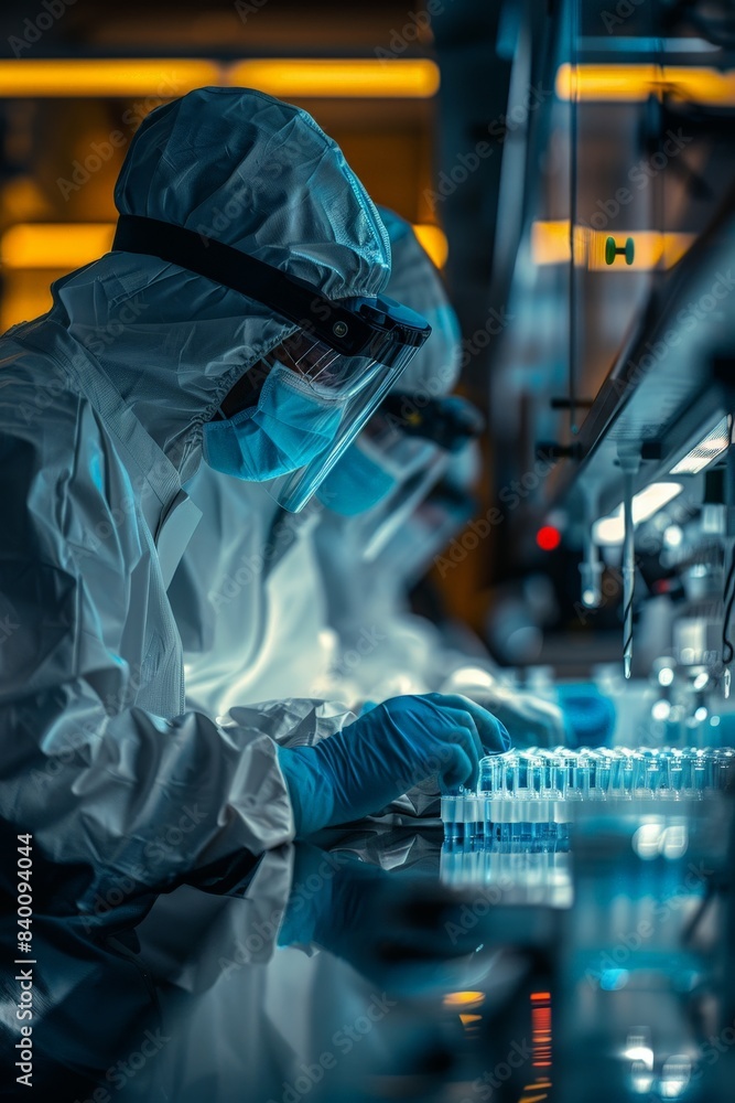 Scientists in Protective Gear Conducting Research in a High-Tech Laboratory with Advanced Equipment and Blue Lighting Scientists in Protective Gear Conducting Research in a High-Tech Laboratory with Advanced Equipment and Blue Lighting
