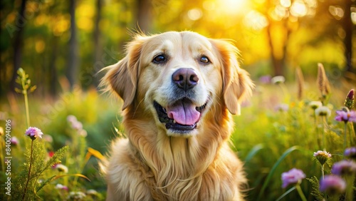 Happy pet dog Golden Retriever with a background, Golden Retriever, dog, pet, happy, playful, cute, friendly, animal, furry, background, isolated, purebred, domestic, canine, obedient, loyal photo