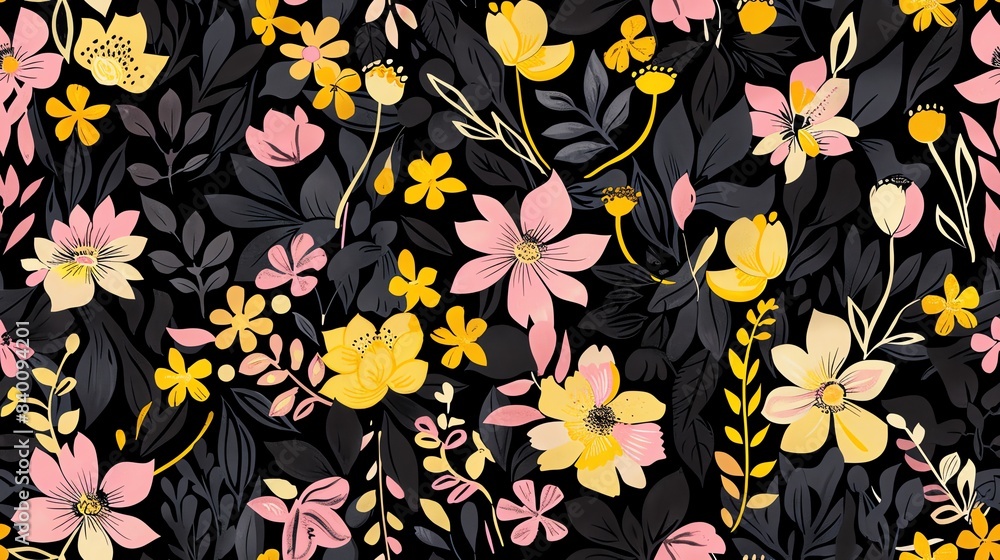 Soft pastel black, yellow, and pink flora, hand-drawn seamless pattern design Soft pastel black, yellow, and pink flora, hand-drawn seamless pattern design