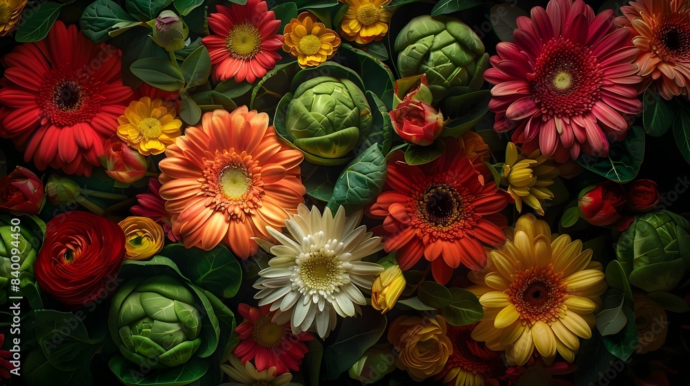 Vibrant Botanical Bouquet with Dramatic Baroque-Inspired Lighting and Textures Vibrant Botanical Bouquet with Dramatic Baroque-Inspired Lighting and Textures