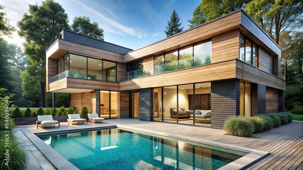 Modern house with pool, light brown wood cladding facade, glass windows ...