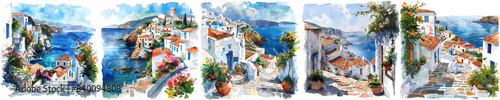 Set of greek village watercolor Illustration, generated ai