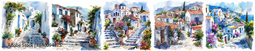 Set of greek village watercolor Illustration, generated ai © weissdesign