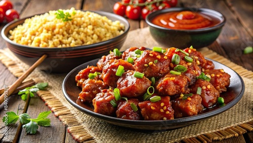 A mouthwatering display of General Tso's chicken and fried rice on a tabletop, General Tso's chicken, fried rice, succulent, flavorful, delicious, Chinese cuisine, food, meal, lunch