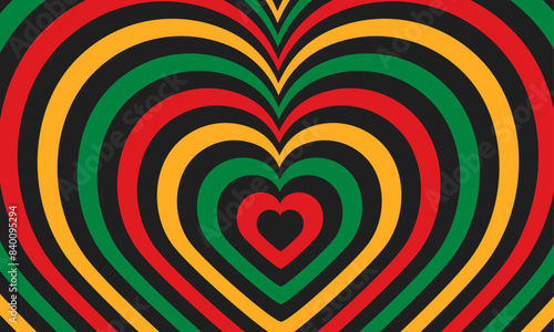 Black History Month heart shape Groovy Y2K background. Tunnel of Concentric shiny hearts. Vector illustration. Trendy twisted and distorted texture in retro 2000s style