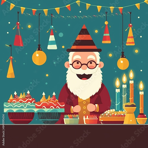 Happy Hanukkah Jewish, holiday social media post template Cartoon flat illustration, Jewish Festival of Lights, Religious festive symbols, Jew at festive table among candles and cakes
