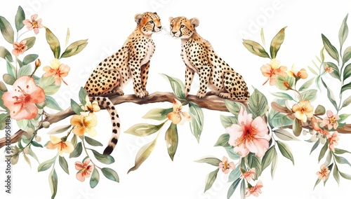 An watercolor illustration of leopards sitting on a tree with leaves, flowers, and plants. A lush jungle landscape with bright tropical plants and animals. photo