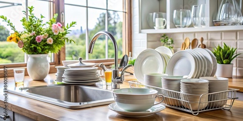 Tidy set of dishes on kitchen counter near sink, kitchen, counter, dishes, plates, glasses, silverware, organized, clean, utensils, household, domestic, interior, home, cooking, culinary photo
