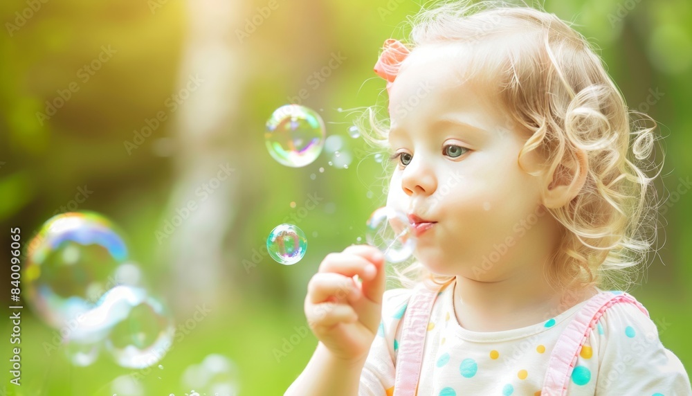 Joyful Moments: Adorable Baby Girl Blowing Soap Bubbles in Spring Park Joyful Moments: Adorable Baby Girl Blowing Soap Bubbles in Spring Park