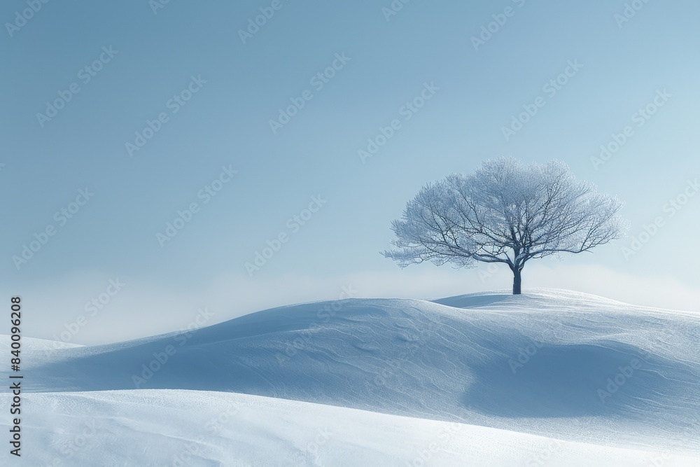 A tree stands on a snowy hilltop, blending in with the winter landscape A tree stands on a snowy hilltop, blending in with the winter landscape