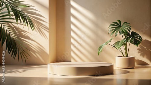 Minimalistic podium display with sunshade shadow on beige wall and leaves   product presentation  cosmetic background  cylinder pedestal  stock photo  abstract  elegant  modern