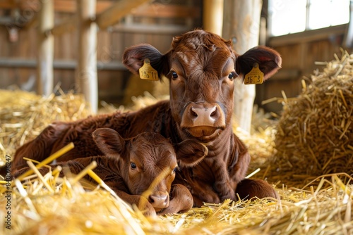 An animal farm with cows and new calf lying in straw. Domestic animals reproduction and husbandry. photo