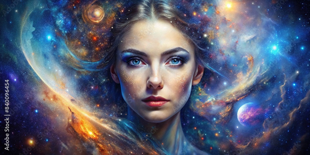 Stellar cosmic portrait of a woman in deep space , galaxy, stars, space, celestial, universe, beauty, ethereal, cosmic, nebula, surreal, fantasy, feminine, celestial being, enchanting