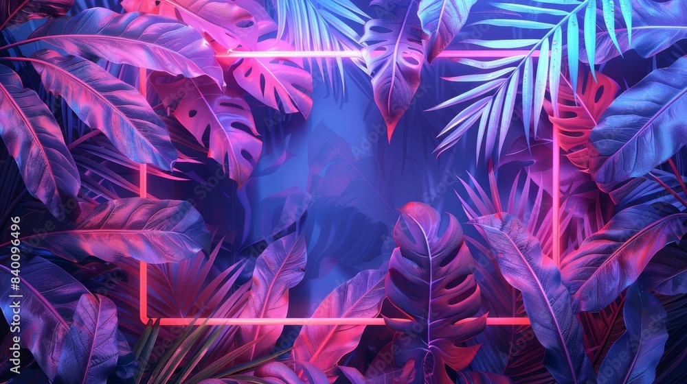 A modern illustration with a glowing neon frame accentuating a collection of tropical leaves, giving a fresh and dynamic feel. A modern illustration with a glowing neon frame accentuating a collection of tropical leaves, giving a fresh and dynamic feel.