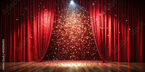 Red curtain material illuminated by a spotlight with confetti scattered on the floor , red, curtain, material, spotlight, confetti, illuminated, luxury, elegant, celebration, event, party