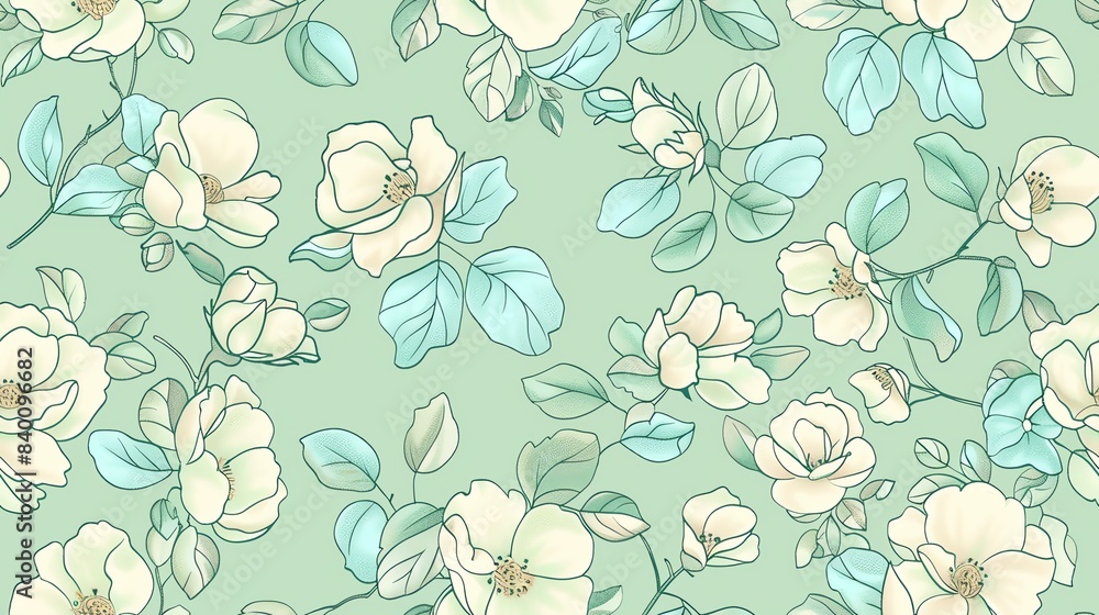 Charming hand-drawn floral pattern in soft pastel green and blue, seamless design Charming hand-drawn floral pattern in soft pastel green and blue, seamless design