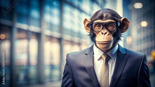 Businessman with a monkey's head in a suit and tie, wearing glasses, on a blurred background, business, monkey, suit