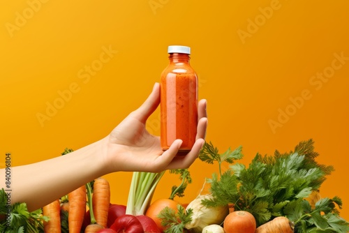 Woman's hand holding a carrot against a backdrop of carrot juice bottles and fresh produce