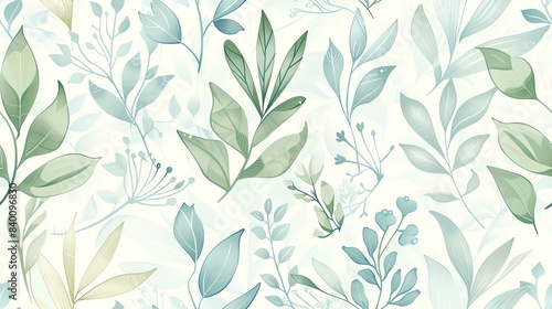 Delicate hand-drawn flora in pastel green and blue, seamless pattern
