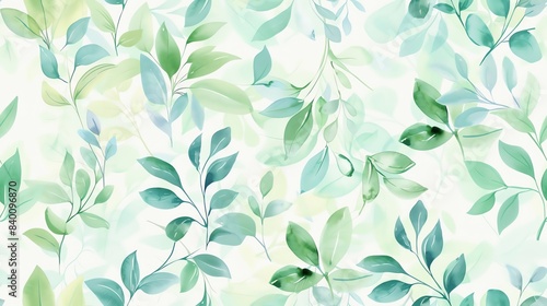 Delicate hand-drawn flora in soft pastel green and blue, seamless pattern