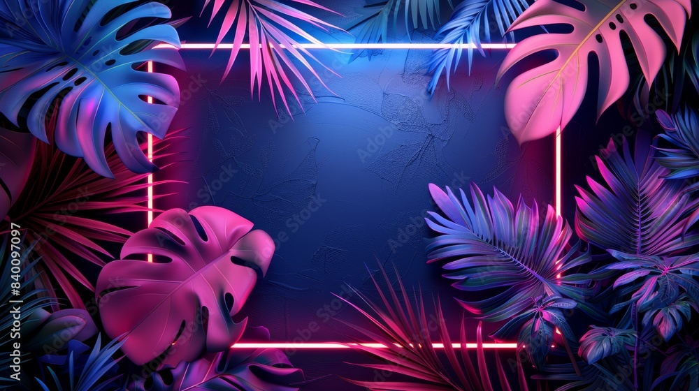 A modern 3D illustration of a neon frame with a bright and colorful design, surrounded by an array of vibrant leaves. A modern 3D illustration of a neon frame with a bright and colorful design, surrounded by an array of vibrant leaves.