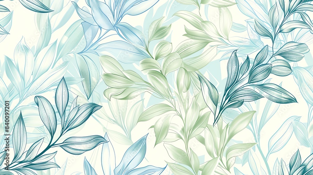 Elegant seamless pattern of hand-drawn flora in pastel green and blue shades Elegant seamless pattern of hand-drawn flora in pastel green and blue shades